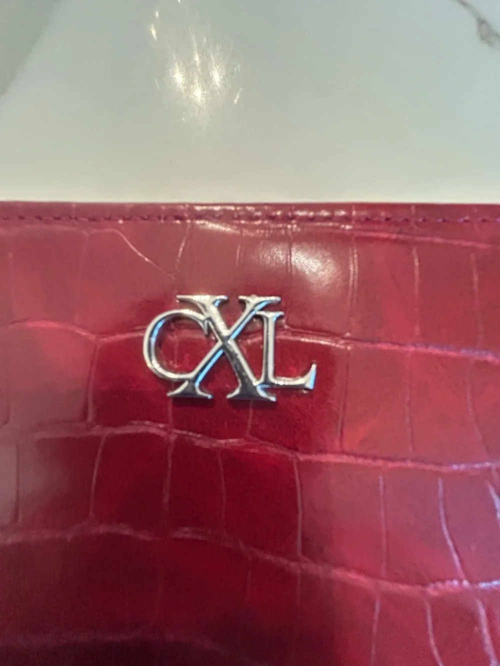 CXL Christian Lacroix faux crocco leather maroon red zip around wallet wristlet